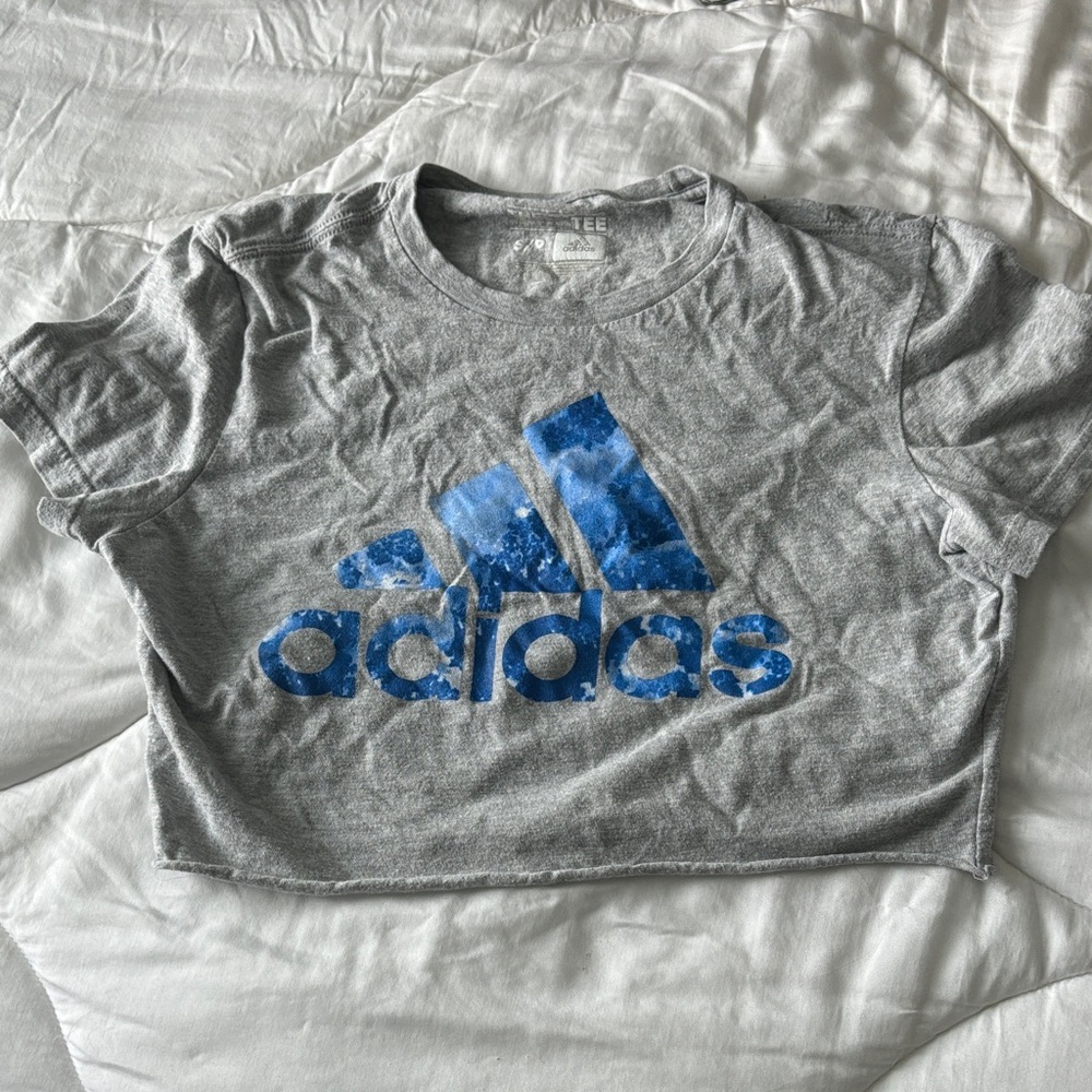 Adidas Cropped Gray Tee with Blue Logo